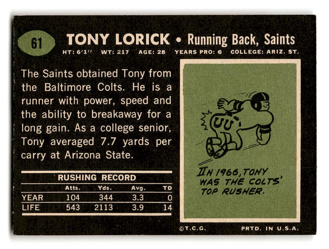 1969 Topps #61 Tony Lorick New Orleans Saints EX