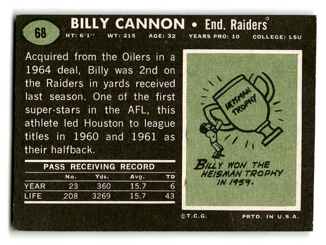 1969 Topps #68 Billy Cannon Oakland Raiders EX