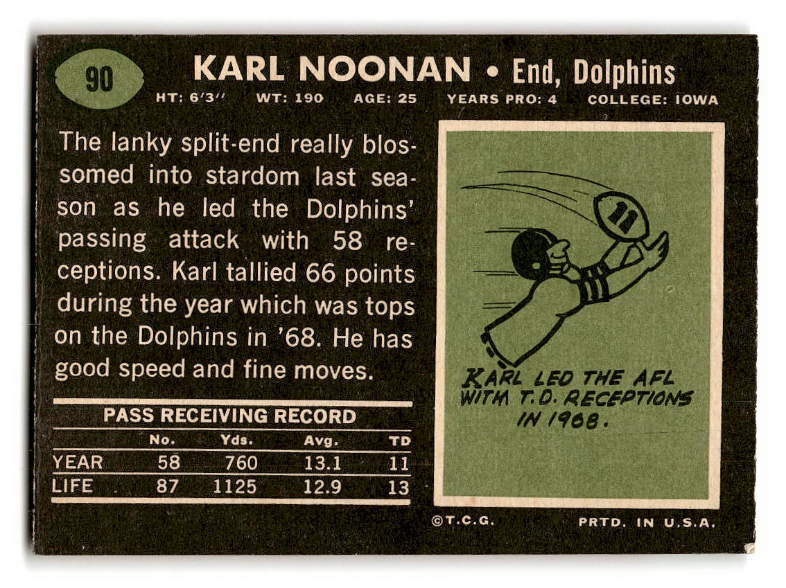 1969 Topps #90 Karl Noonan RC Miami Dolphins EX