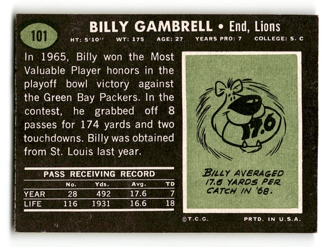1969 Topps #101 Billy Gambrell RC Detroit Lions EX
