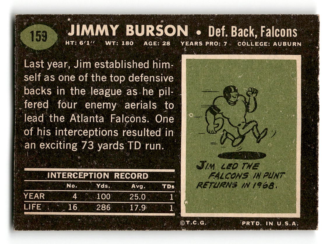 1969 Topps #159 Jim Burson RC Atlanta Falcons VG