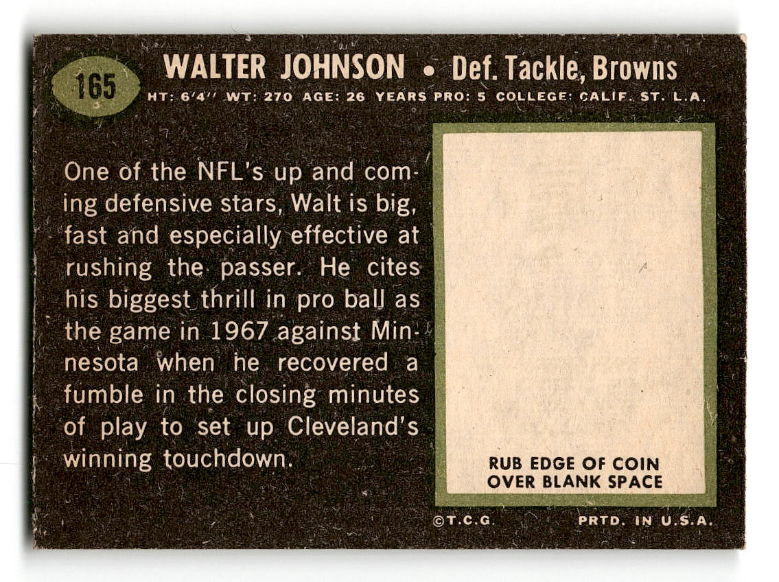 1969 Topps #165 Walter Johnson RC Cleveland Browns EX