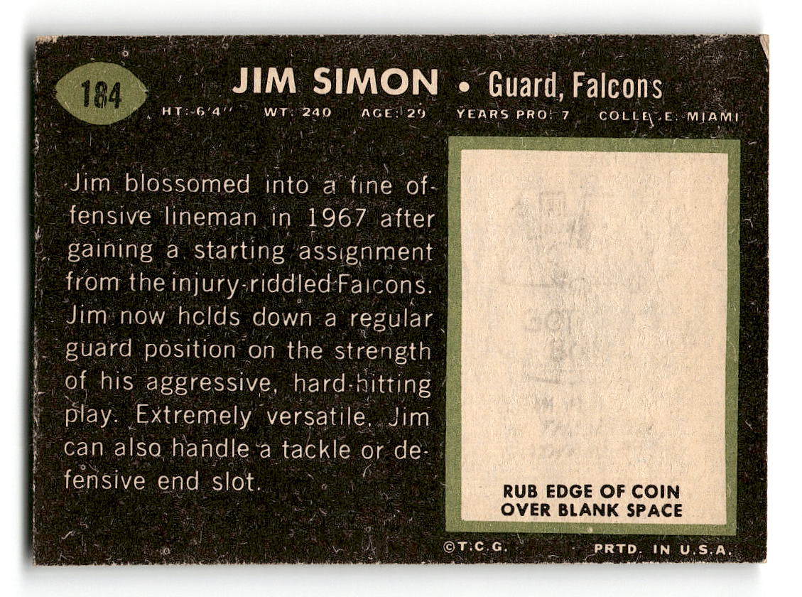 1969 Topps #184 Jim Simon RC Atlanta Falcons VG