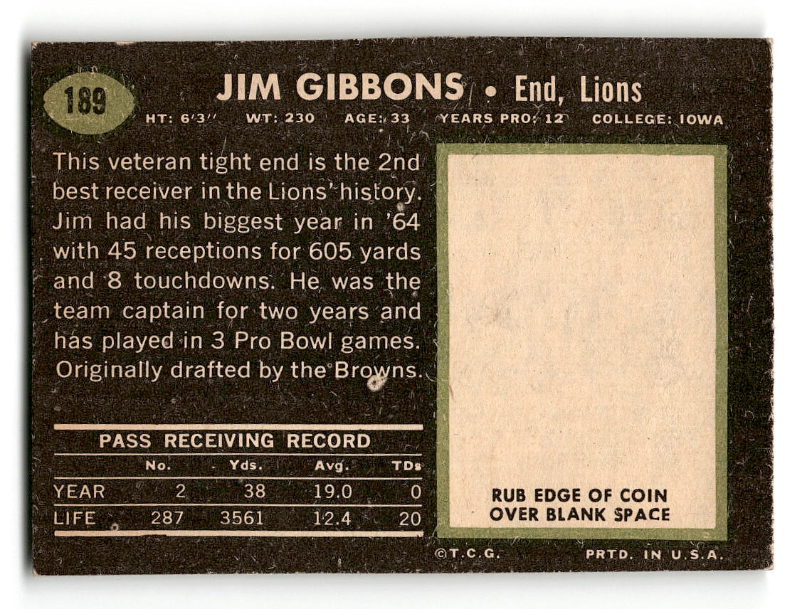 1969 Topps #189 Jim Gibbons Detroit Lions EX
