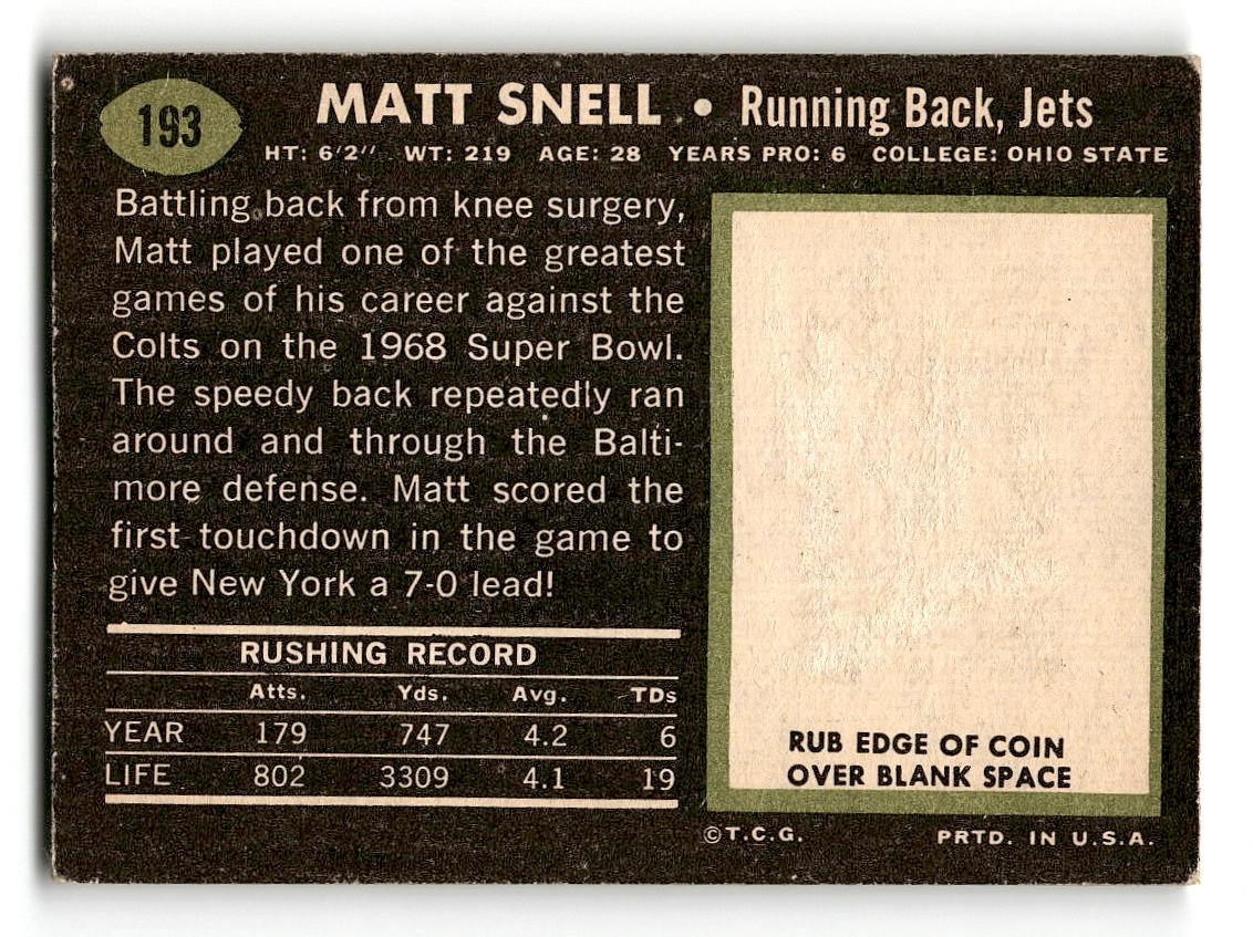 1969 Topps #193 Matt Snell New York Jets EX