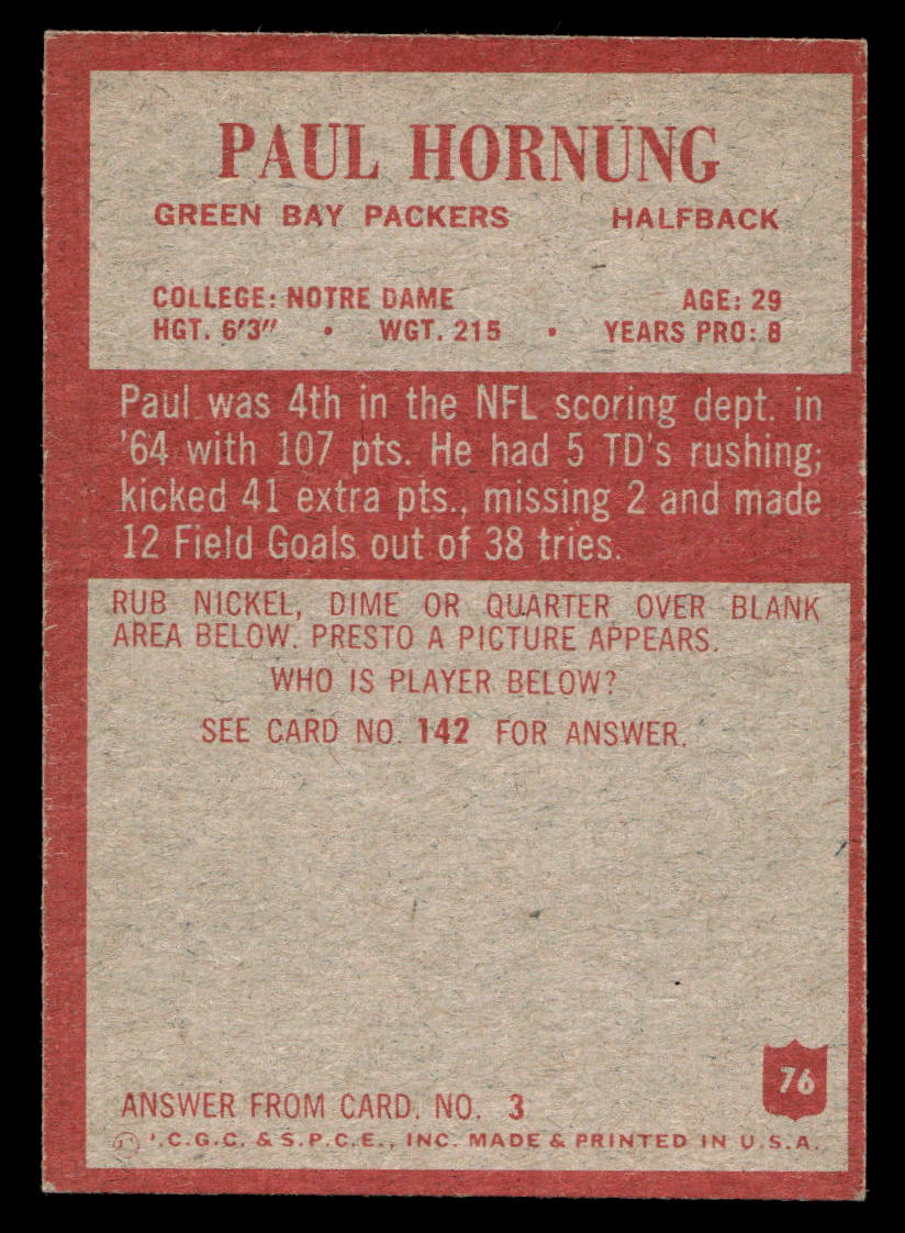 1965 Philadelphia Paul Hornung #76 Packers HOF EX MT