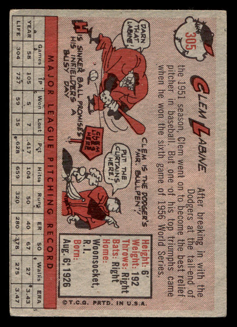 1958 Topps #305 Clem Labine VG - Dodgers Great!