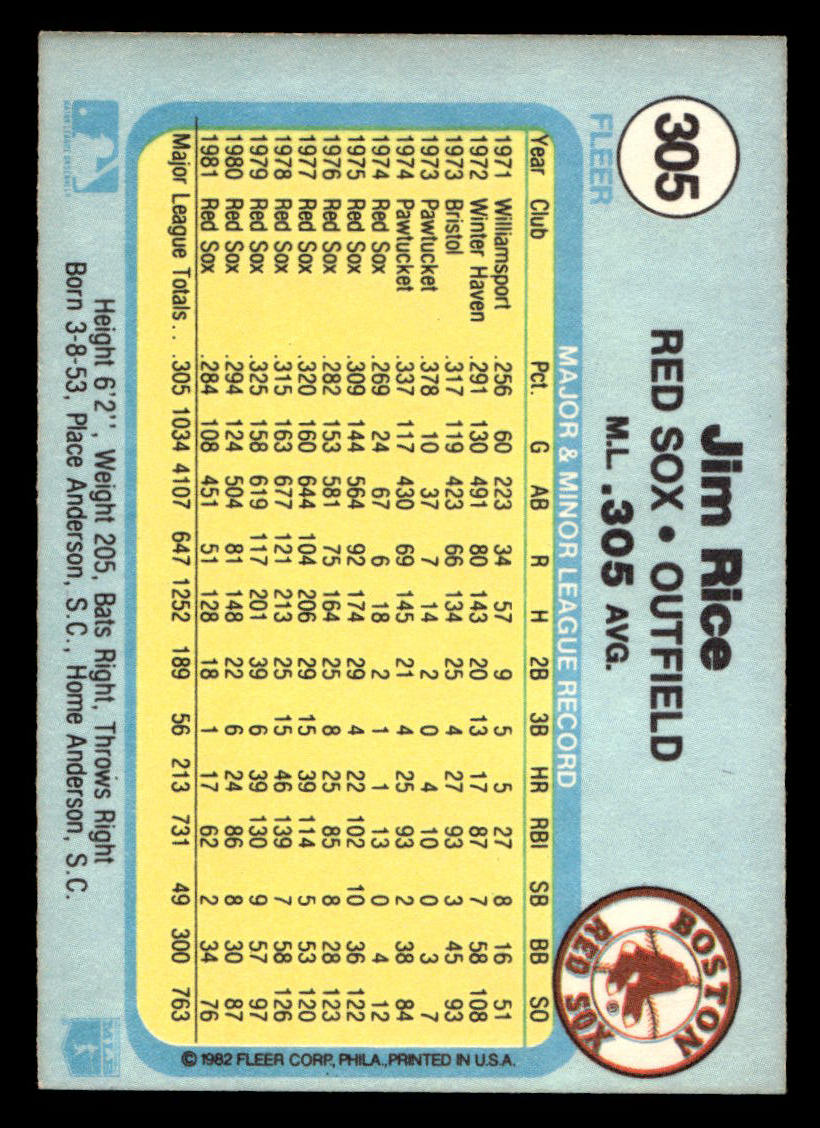 1982 FLEER #305 JIM RICE RED SOX HOF