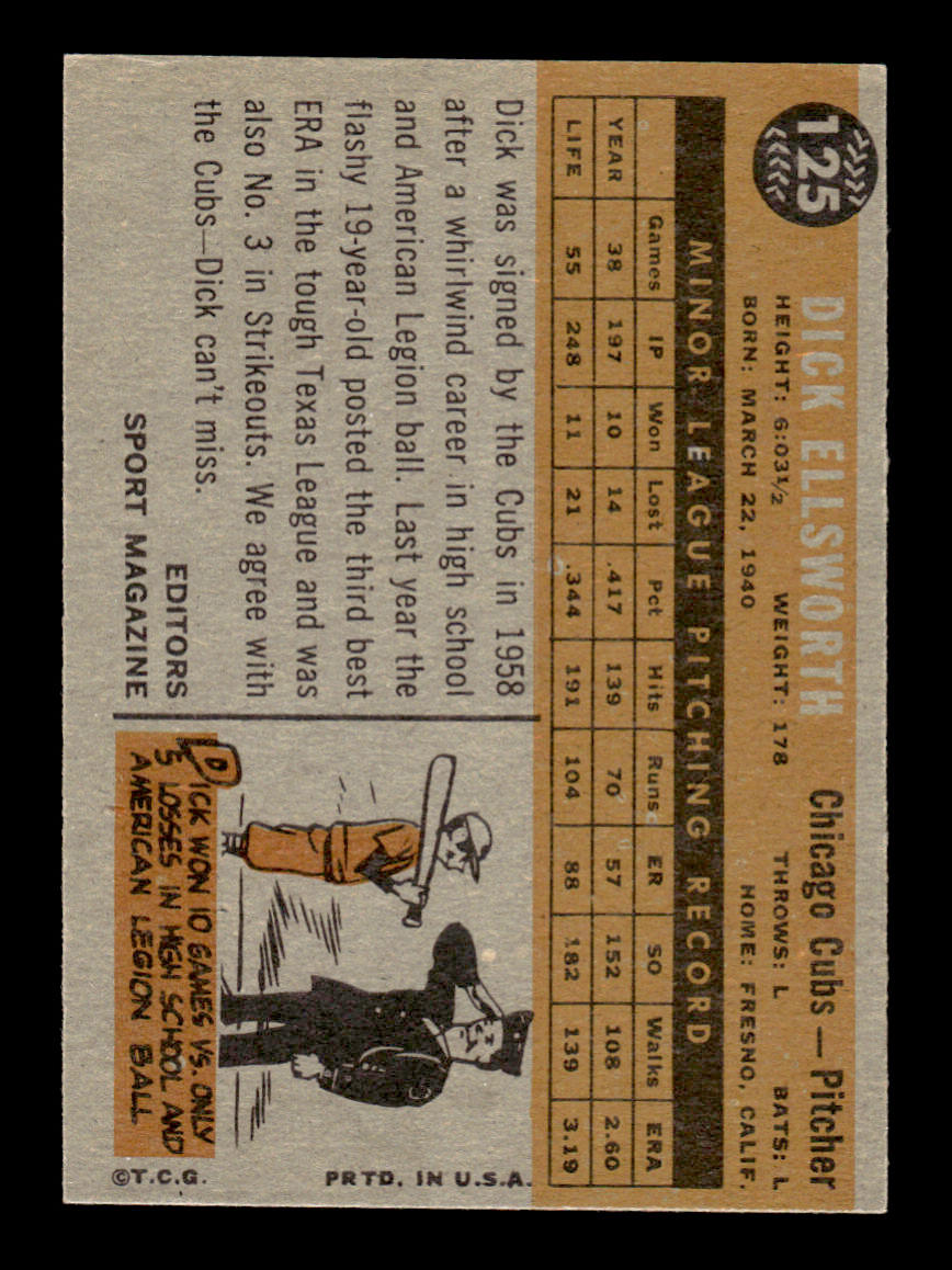 1960 Topps #125 Dick Ellsworth - Chicago Cubs RC EX