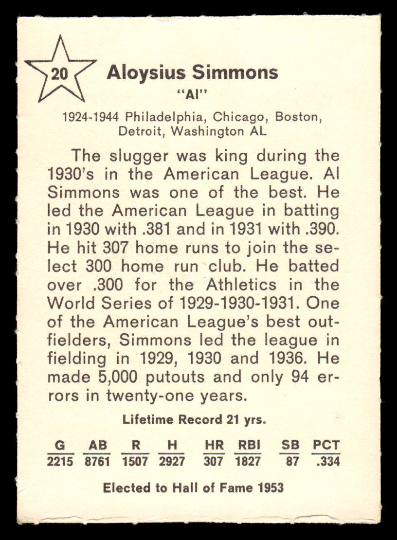 1961 Golden Press #20 Al Simmons EXMT