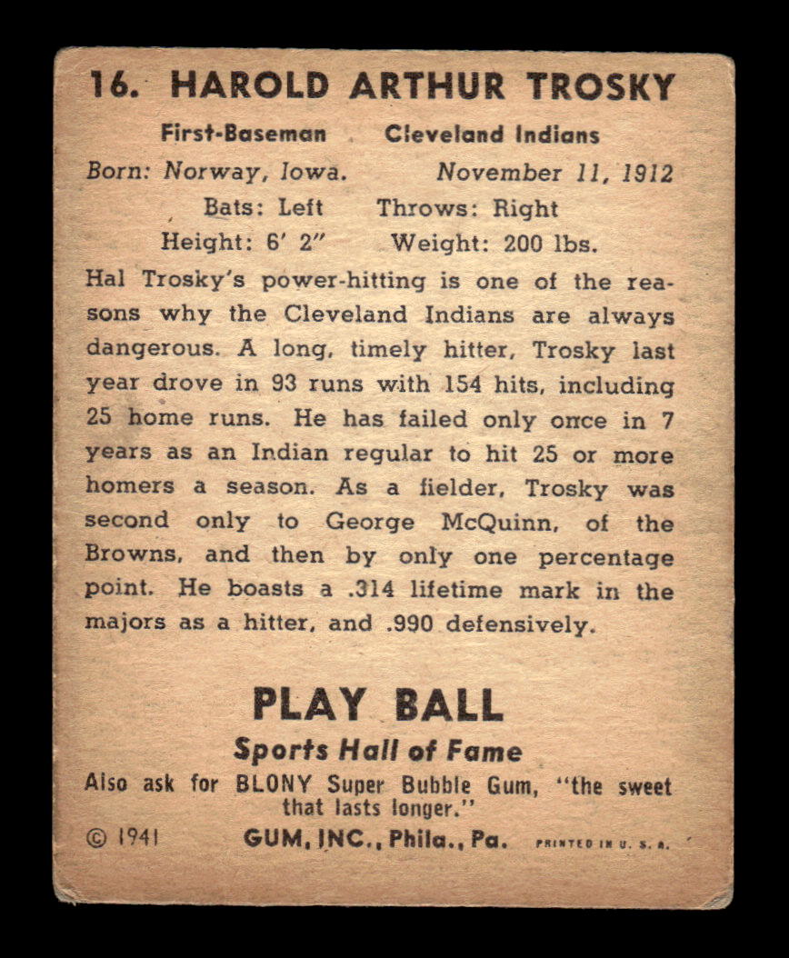 1941 Play Ball #16 Hal Trosky VG