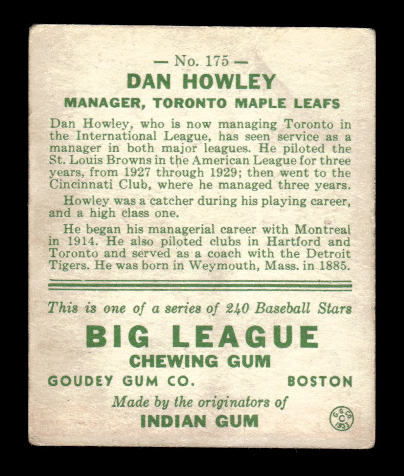 1933 Goudey #175 Dan Howley EX -2