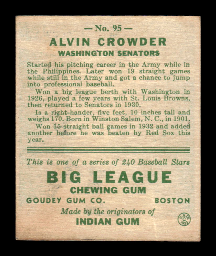 1933 Goudey #95 Alvin Crowder VG