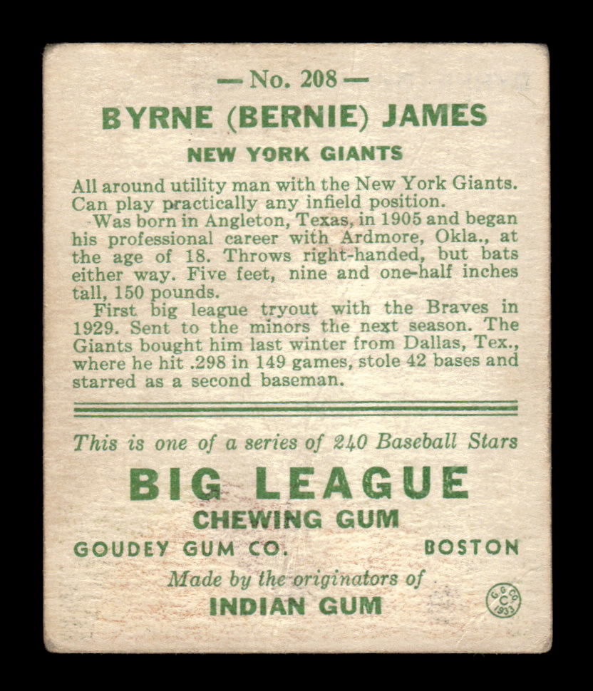 1933 Goudey #208 Byrne Bernie James VG