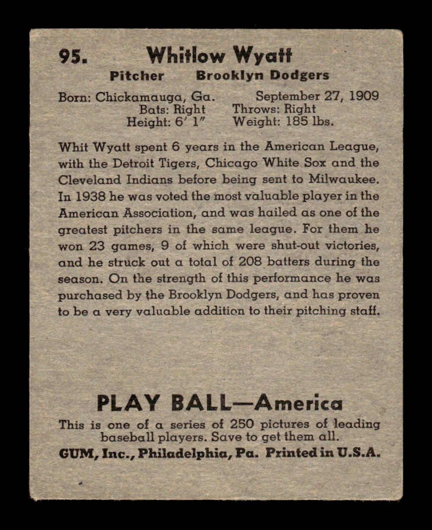 1939 Play Ball #95 Whit "Whitlow" Wyatt VG