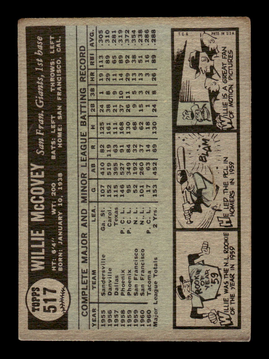 1961 Topps #517 Willie McCovey VG - 2nd Year!