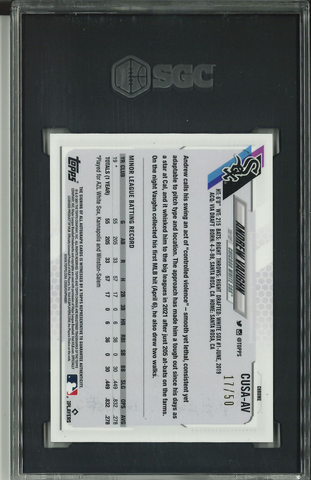 2021 Topps Chrome Update Andrew Vaughn SGC 9.5 10 Autograph GOLD REFRACTOR 17/50