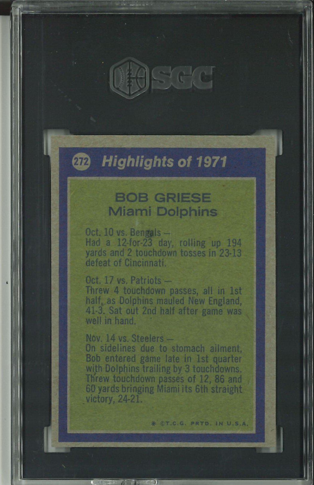 1972 Topps #272 Bob Griese All Pro SGC 8 Hi #