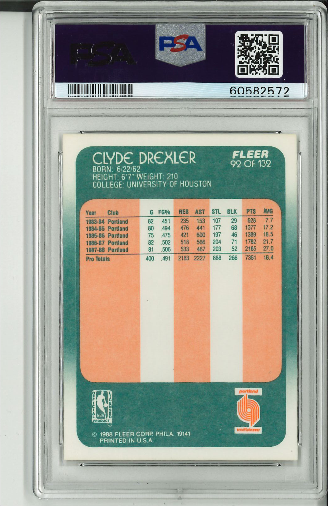 1988 Fleer #92 Clyde Drexler PSA 8