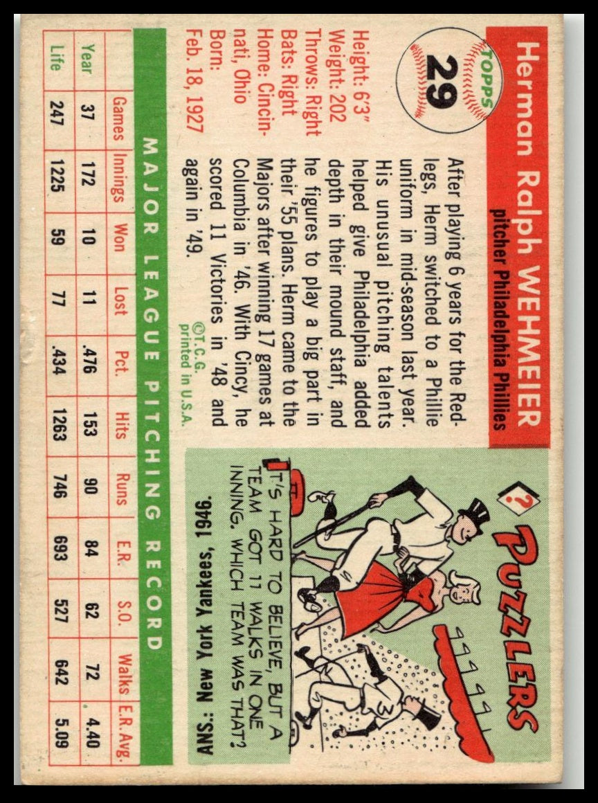 1955 Topps #29 Herman Wehmeier Excellent