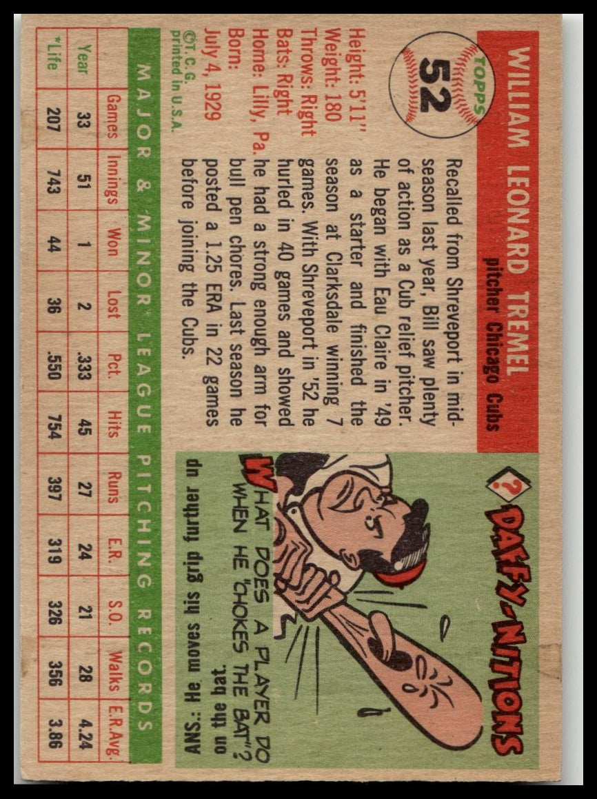1955 Topps #52 Bill Tremel Excellent