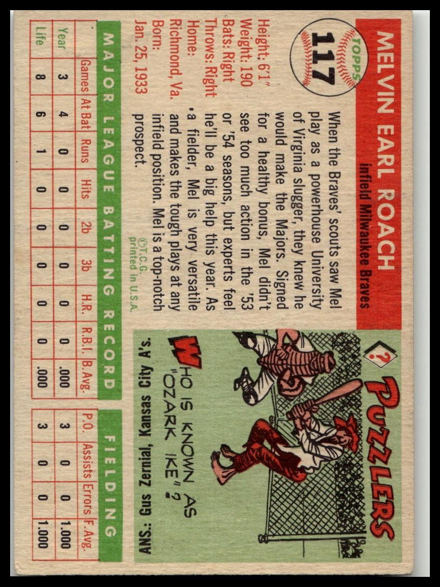 1955 Topps #117 Mel Roach Very Good Crease