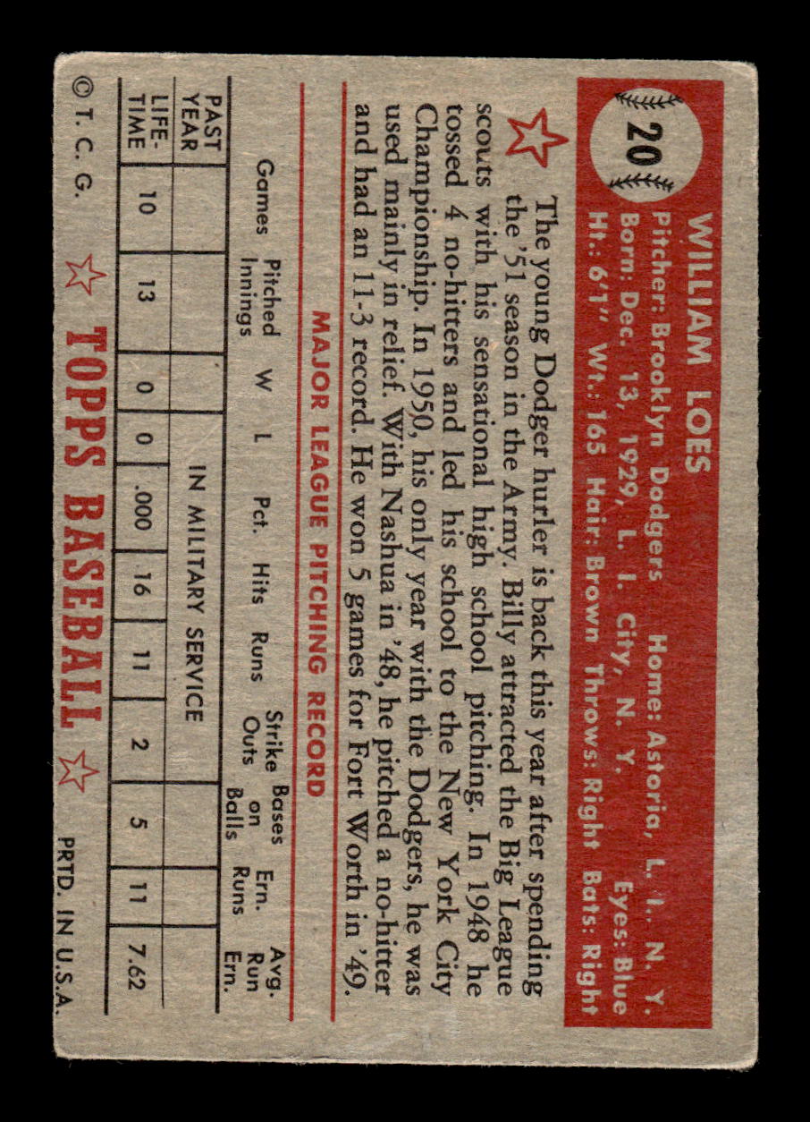 1952 Topps #20 Billy Loes Very Good HOF-10001655
