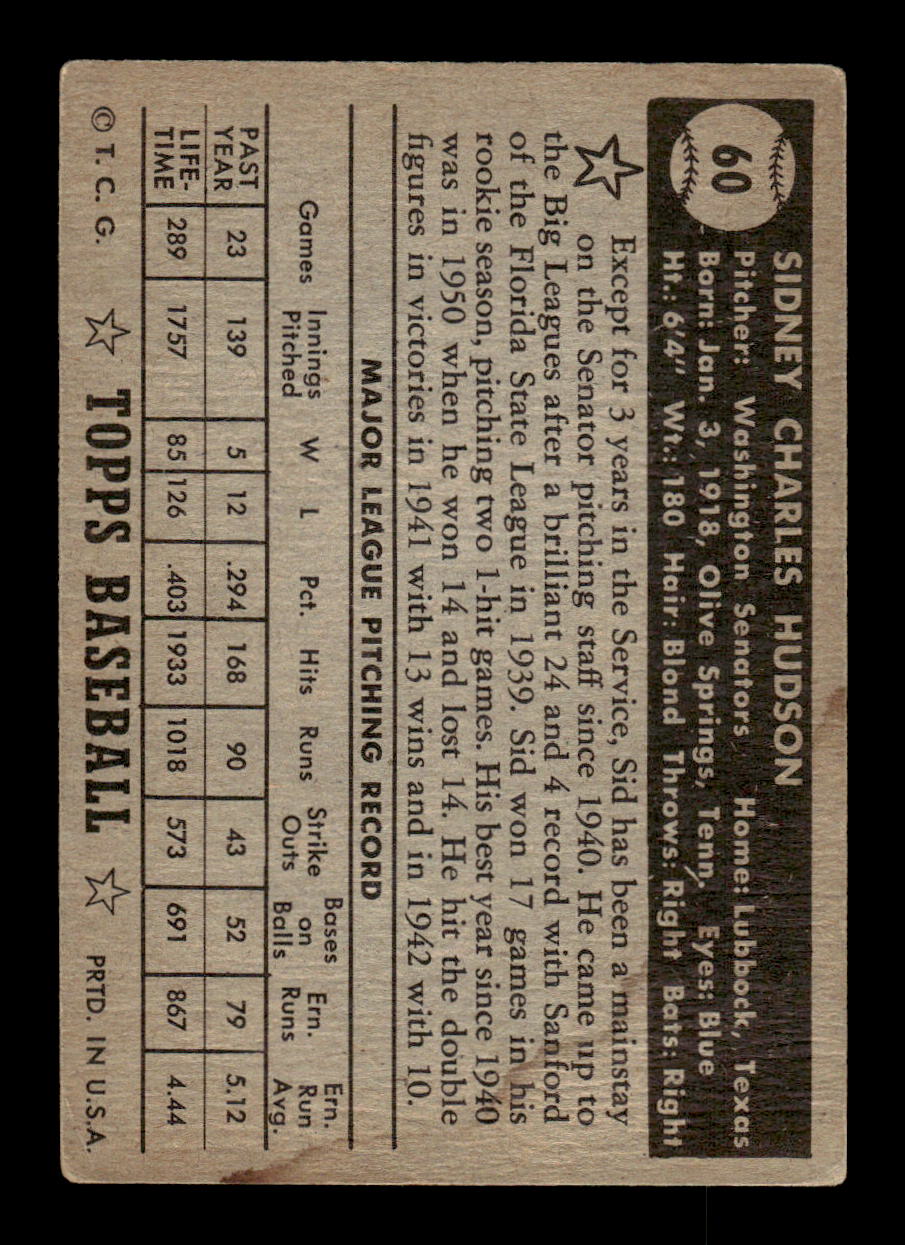1952 Topps #60b Sid Hudson Very Good HOF-10001689