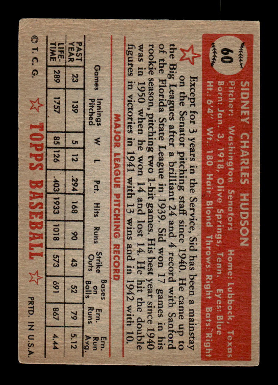 1952 Topps #60 Sid Hudson Excellent HOF-10001690