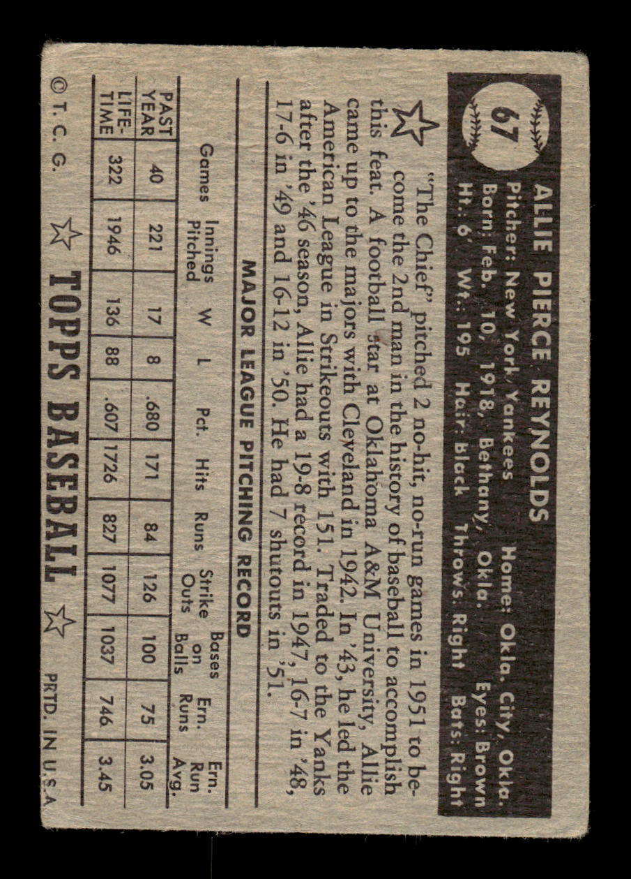 1952 Topps #67 Allie Reynolds Very Good HOF-10001698