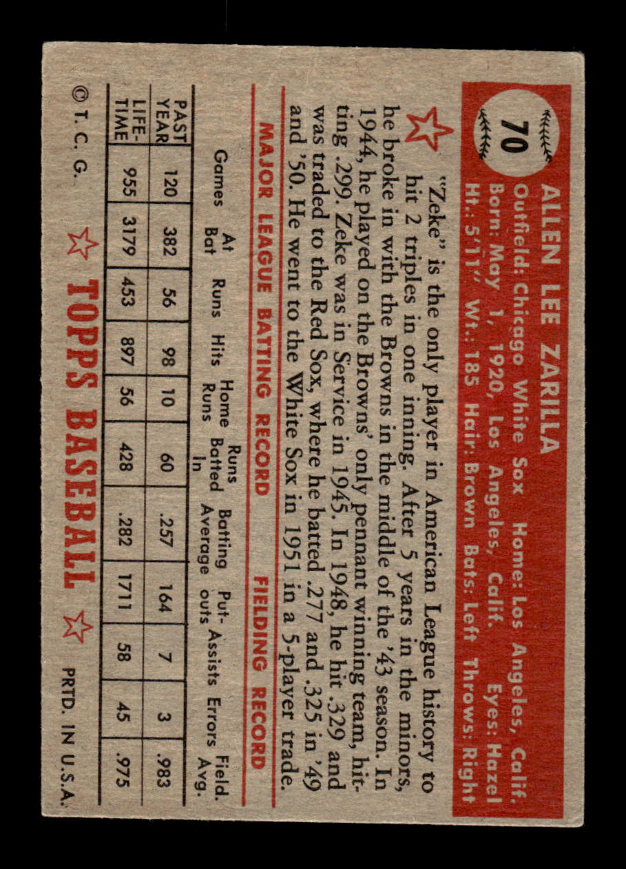 1952 Topps #70 Al Zarilla Very Good HOF-10001701