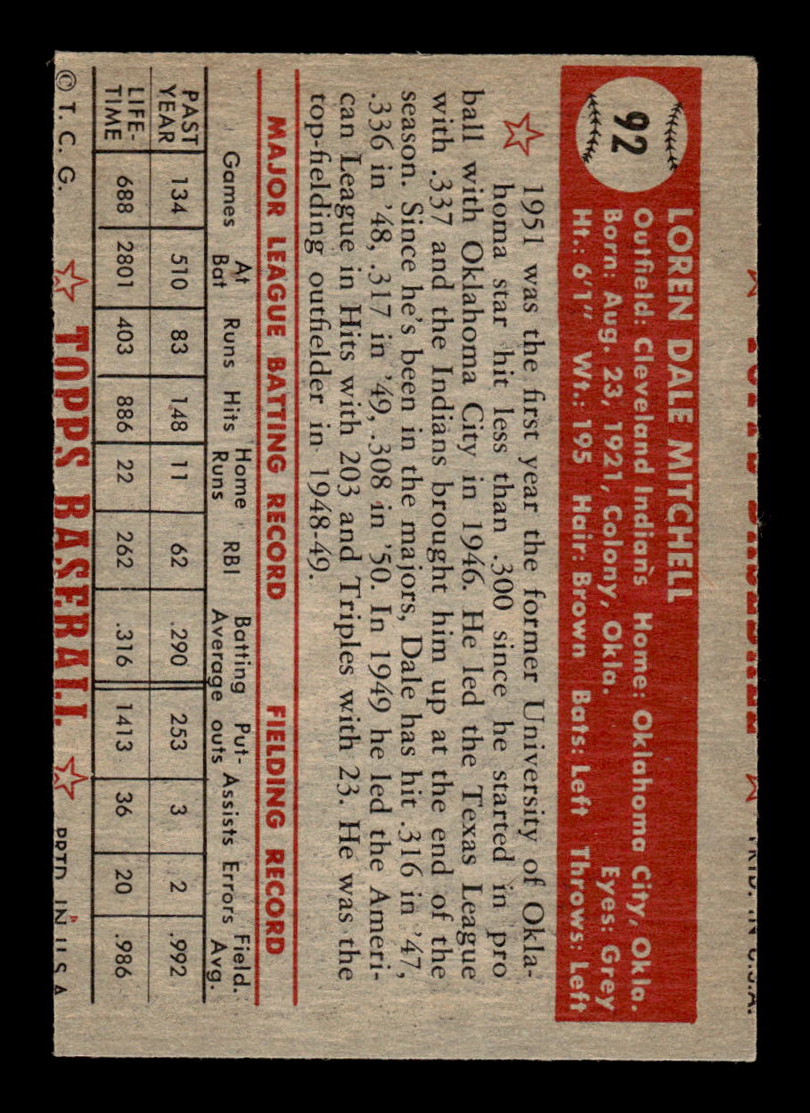 1952 Topps #92 Dale Mitchell Very Good HOF-10001719