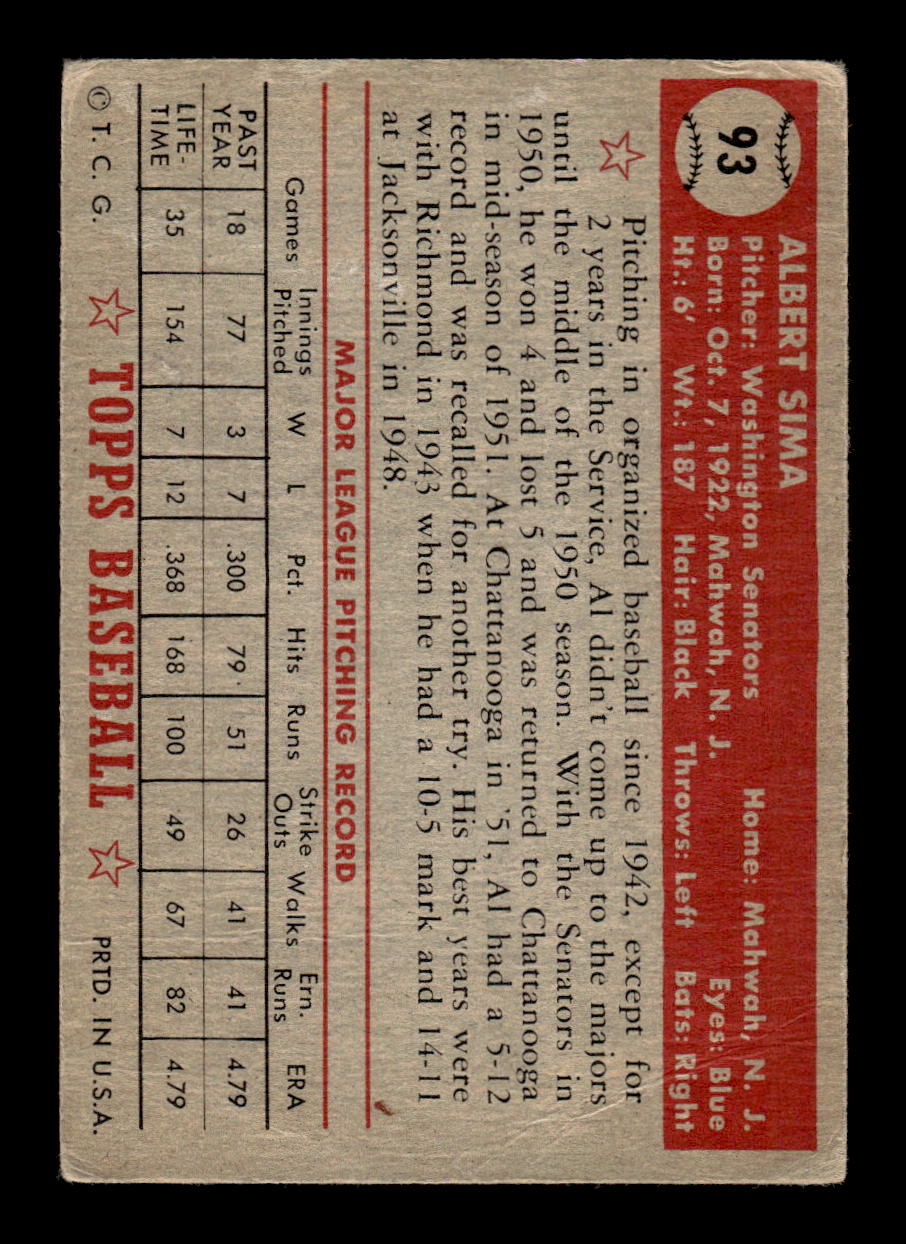 1952 Topps #93 Al Sima Poor HOF-10001720