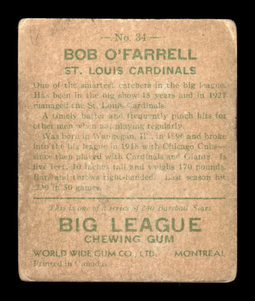 1933 World Wide Gum (V353) #34 Bob O'Farrell Poor HOF-10001737