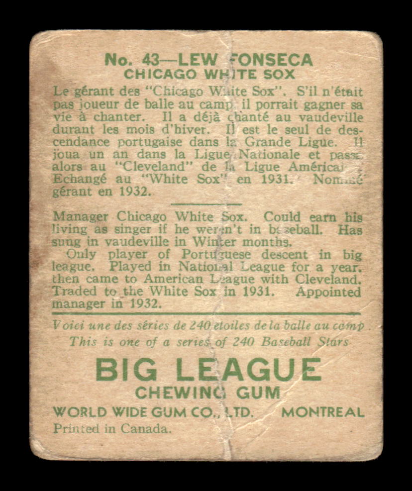 1933 World Wide Gum (V353) #43 Lew Fonseca Poor HOF-10001740