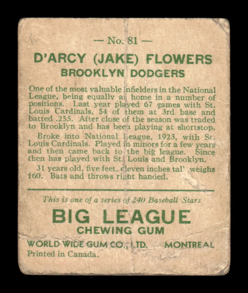 1933 World Wide Gum (V353) #81 D'Arcy "Jake" Flowers Poor HOF-10001753