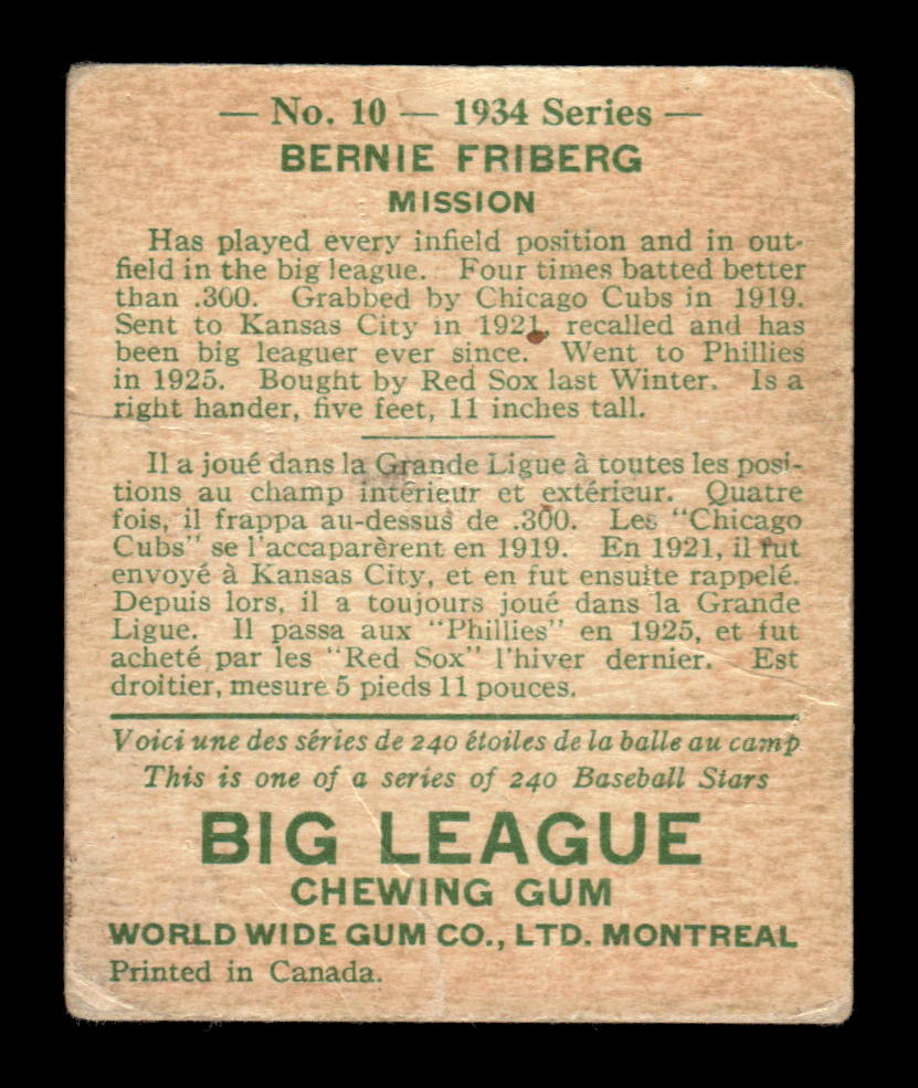 1934 World Wide Gum (V354) #10 Bernie Friberg Very Good HOF-10001769