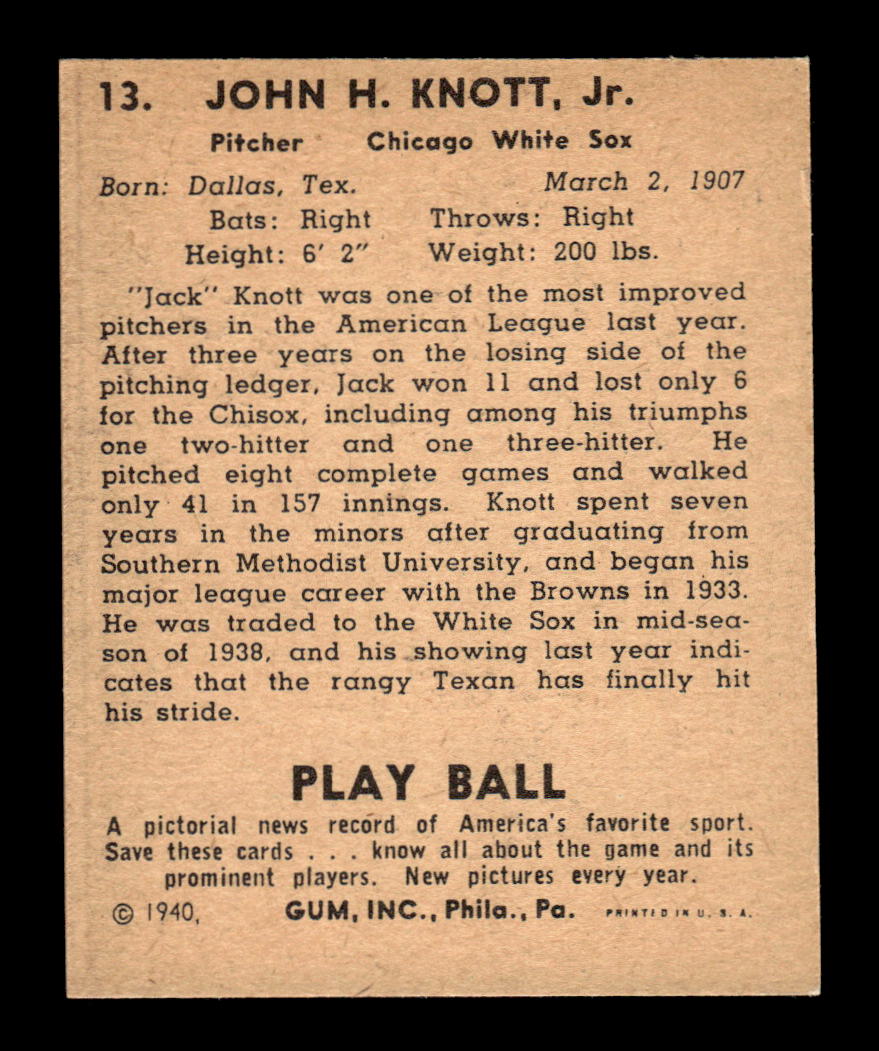 1940 Play Ball #13 Jack Knott Very Good HOF-10001775