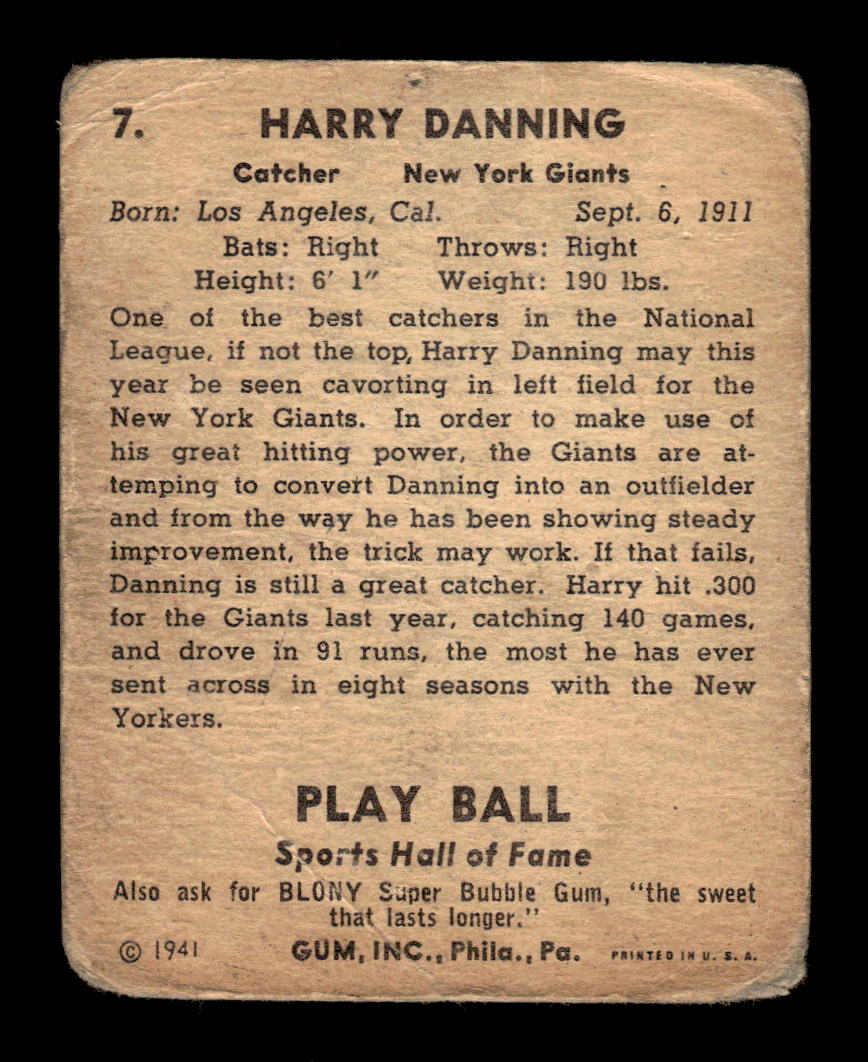 1941 Play Ball #7 Harry Danning Poor HOF-10001776
