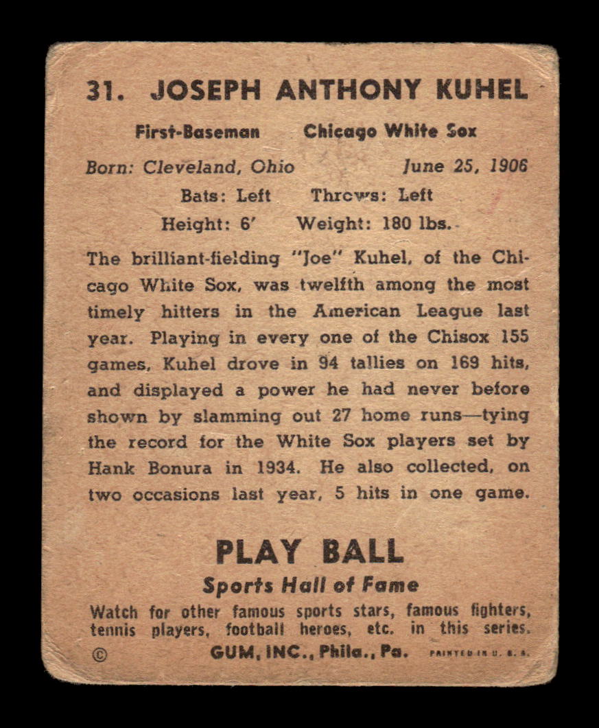 1941 Play Ball #31 Joe Kuhel Very Good HOF-10001777