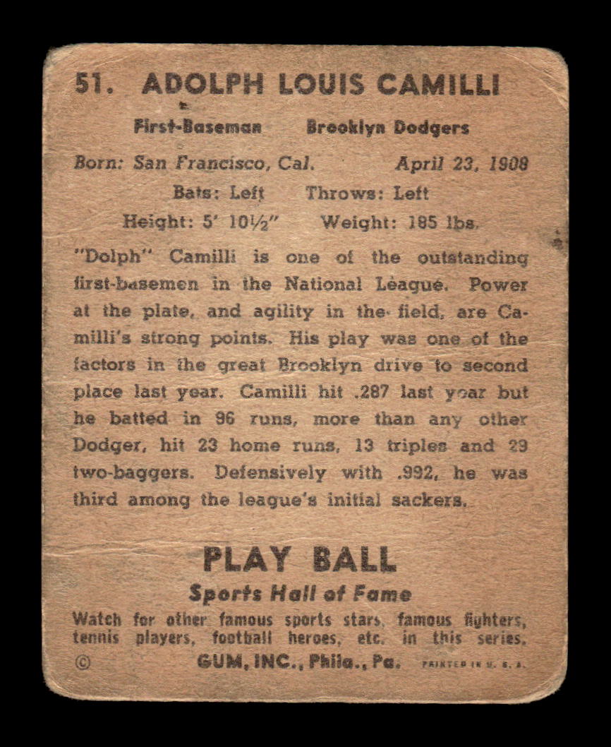 1941 Play Ball #51 Dolph Camilli Poor HOF-10001778