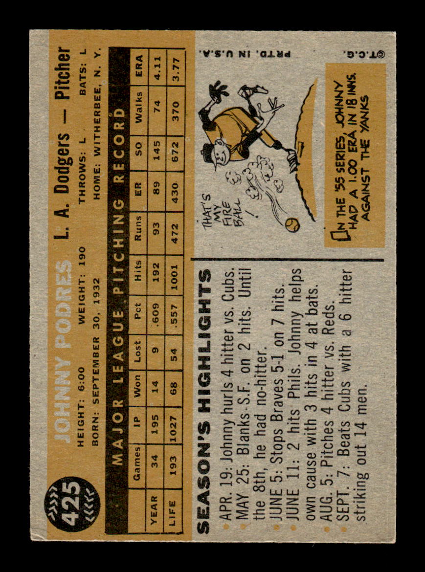 1960 Topps #425 Johnny Podres Excellent HOF-10001808