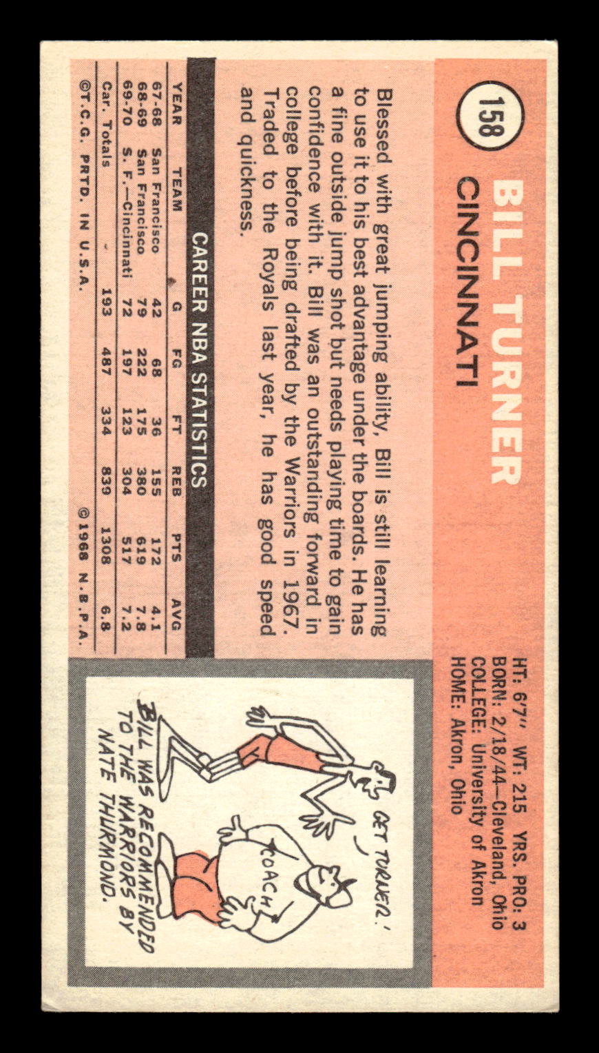 1970-71 Topps #158 Bill Turner Excellent HOF-10001836