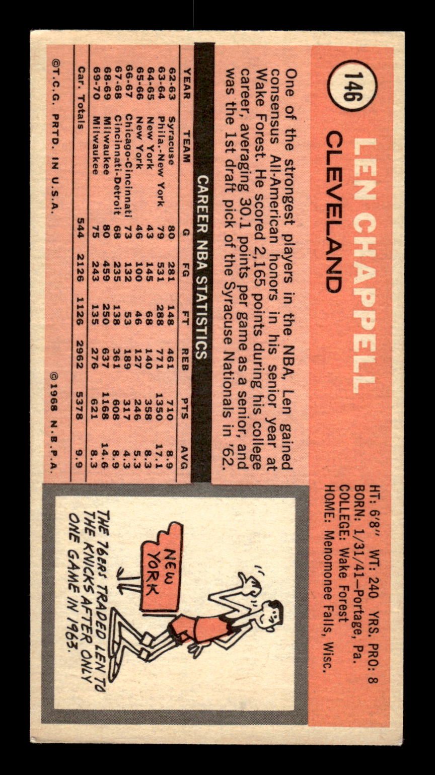 1970-71 Topps #146 Len Chappell Excellent HOF-10001845