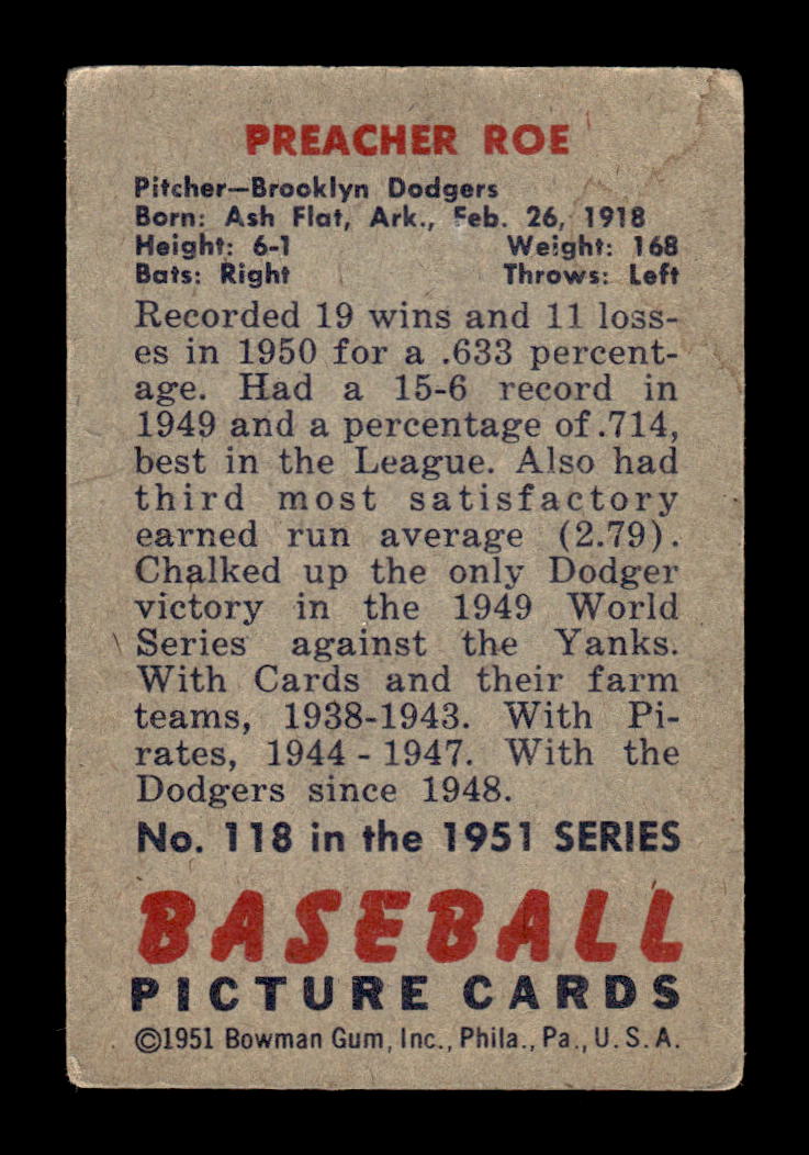 1951 Bowman #118 Preacher Roe Very Good HOF-10001906