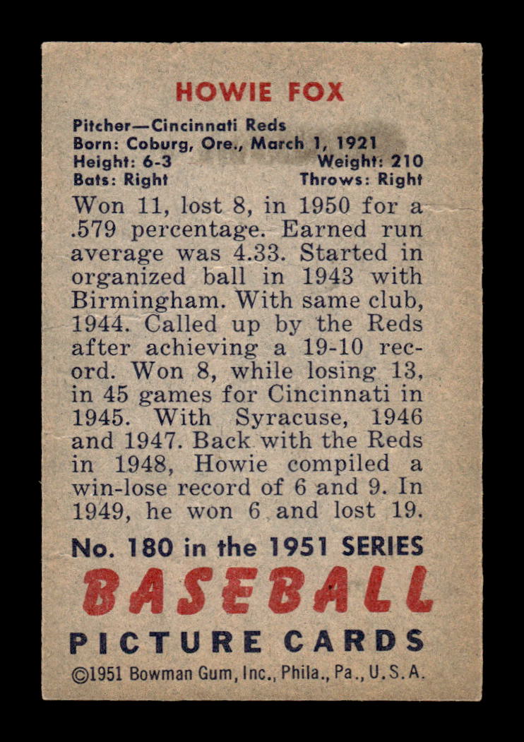 1951 Bowman #180 Howie Fox Very Good HOF-10001915