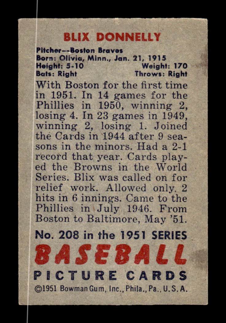 1951 Bowman #208 Blix Donnelly Very Good HOF-10001920