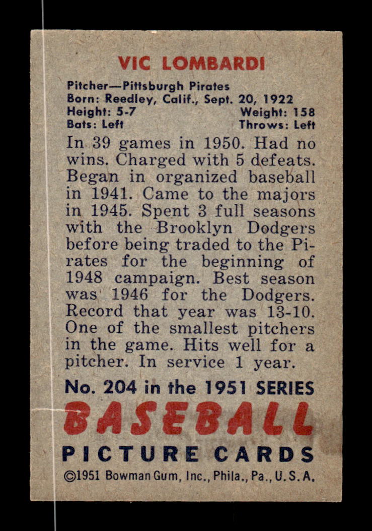 1951 Bowman #204 Vic Lombardi Very Good HOF-10001921