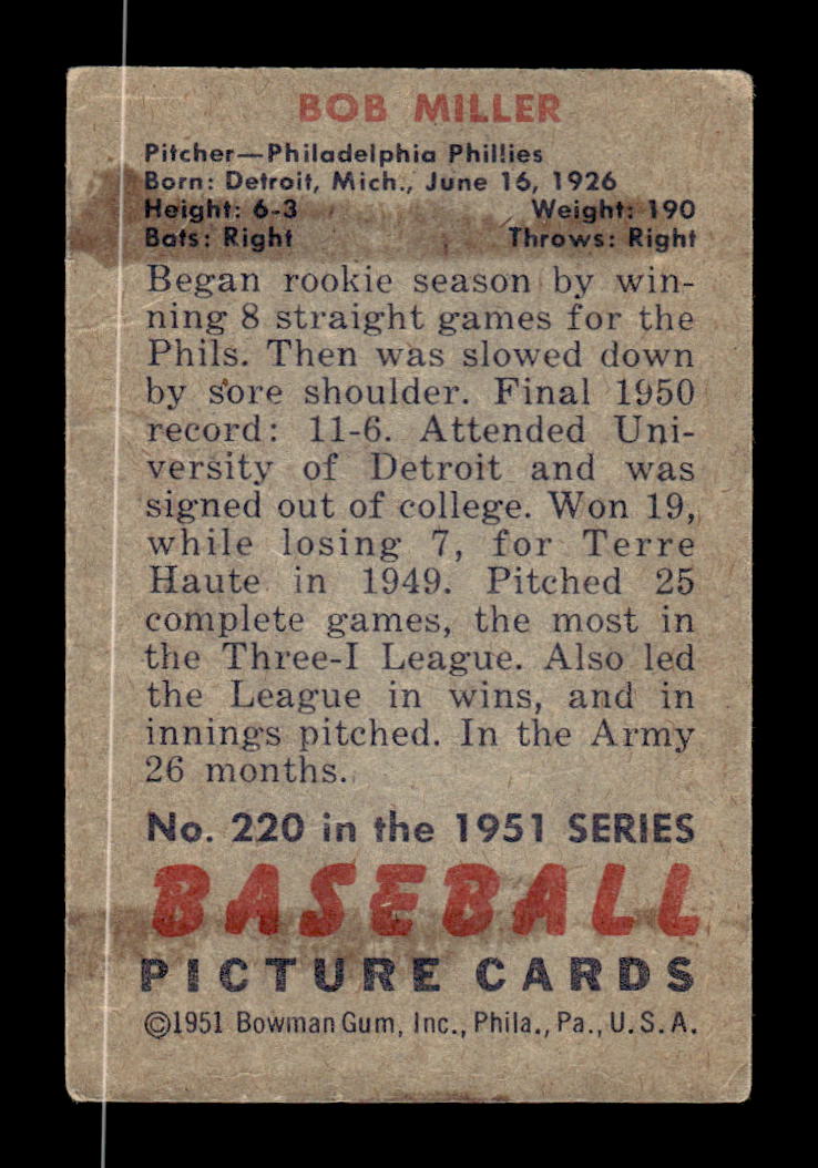 1951 Bowman #220 Bob Miller Very Good HOF-10001923