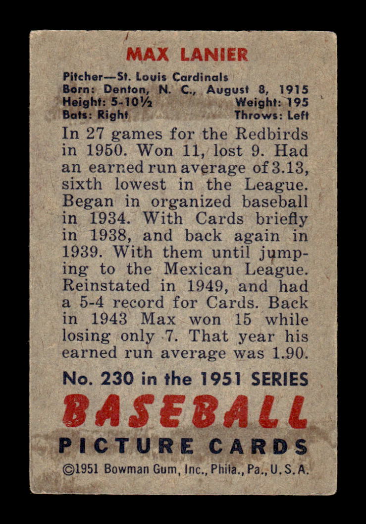 1951 Bowman #230 Max Lanier Very Good HOF-10001926